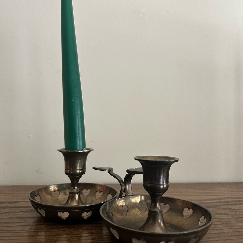 Silver Heart Candle Holders with Green Candle